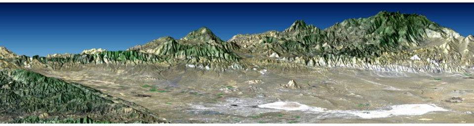 Antelope Valley is bounded by two of the most active faults in California: the Garlock fault, which fronts the distant mountains in this view from NASA's Shuttle Radar Topography Mission, as well as the San Andreas fault.