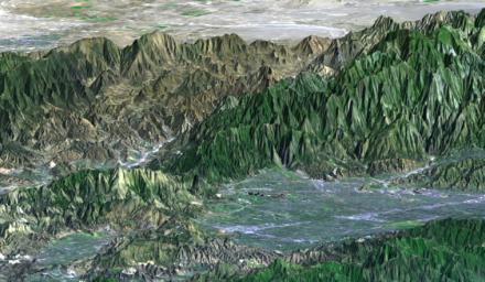 This image from NASA's Shuttle Radar Topography Mission shows the San Fernando Valley, part of Los Angeles, California. Two major disasters have occurred here: the 1971 Sylmar earthquake and the 1994 Northridge earthquake.