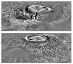 NASA's Mars Global Surveyor shows views of Arsia Mons, the southern most of the Tharsis montes on Mars featuring the caldera structure and the flank massive breakout that produced a major side lobe.
