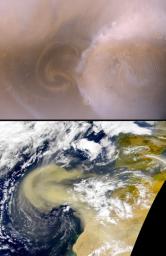 NASA's Mars Global Surveyor shows compares a martian north polar dust storm observed on 29 August 2000 with a terrestrial dust storm on Earth acquired on 26 February, 2000.
