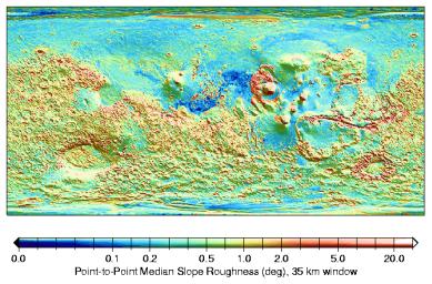 A global surface map from NASA's Mars Global Surveyor shows a heavily cratered terrain in Mars' southern hemisphere as well as that of the Valles Marineris canyon walls and the Olympus Mons aureole deposits.
