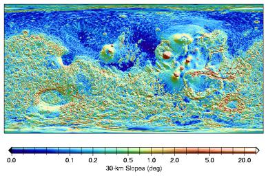 A global surface map from NASA's Mars Global Surveyor shows Mars' northern hemisphere is flatter than the douth, and shows some linear slope breaks, for example north of Alba Patera and the Tharsis province.