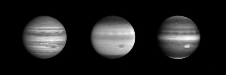 These three images of Jupiter, taken through the narrow angle camera of NASA's Cassini spacecraft from a distance of 77.6 million kilometers (48.2 million miles) on October 8, reveal more than is apparent to the naked eye through a telescope.
