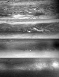 A four-panel frame shows a section of Jupiter's north equatorial belt viewed by NASA's Cassini spacecraft at four different wavelengths, and a separate reference frame shows the location of the belt on the planet.