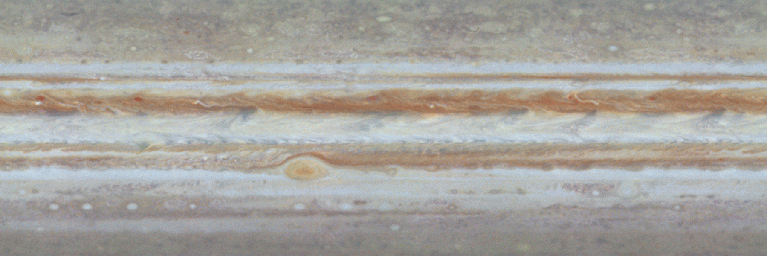 The frame from the first color movie of Jupiter from NASA's Cassini spacecraft shows what it would look like to peel the entire globe of Jupiter, stretch it out on a wall into the form of a rectangular map, and watch its atmosphere evolve with time.