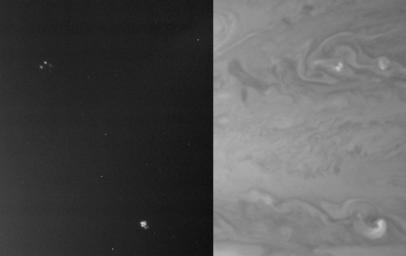 Day and night side mages taken by NASA's Cassini on January 1, 2001 illustrating storms visible on the day side which are the sources of visible lightning when viewed on the night side.