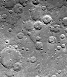One of NASA's Mariner 10's two TV cameras took this picture of a densely cratered region of Mercury on Sept. 21, 1974, 80 minutes prior to the spacecraft's second close encounter with the planet. 