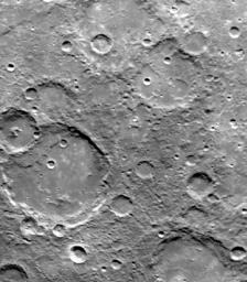 During its second encounter with Mercury on Sept. 21, 1974, NASA's Mariner 10 took this picture of the planet's South Polar Region. Many of the craters have denuded rims peppered by smaller craters.