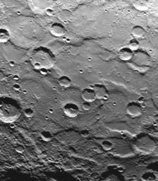 A cratered area near Mercury's South Pole was photographed by NASA's Mariner 10 during its second flyby of the planet of Sept. 21, 1974 (the spacecraft made its first encounter with Mercury on March 19, 1974).