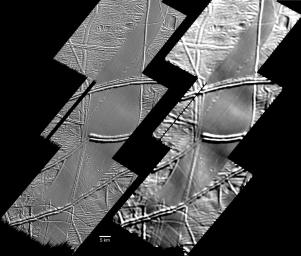 This image, acquired by NASA's Galileo spacecraft on September 26, 1998, shows features on the surface of Jupiter's moon Europa that a scientific report published today interprets as signs of compressive folding.