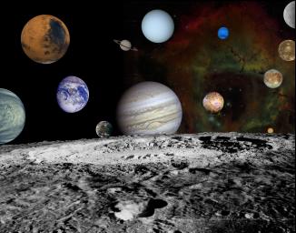 This solar system montage of the nine planets and four large moons of Jupiter in our solar system are set against a false-color view of the Rosette Nebula.
