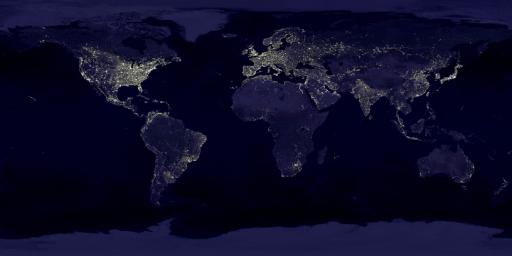 The Eastern U.S., Europe, and Japan are brightly lit by their cities, while interiors of Africa, Asia, Australia, and South America are dark and lightly populated in this image created in 2000 by NASA's Goddard Space Flight Center.