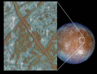 The image on the left shows a region of Europa's crust made up of blocks which are thought to have broken apart and 'rafted' into new positions. These images were obtained by NASA's Galileo spacecraft.