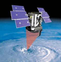 This artist's concept shows NASA's CloudSat spacecraft and its Cloud Profiling Radar using microwave energy to observe cloud particles and determine the mass of water and ice within clouds.