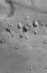 NASA's Mars Global Surveyor shows a cluster of craters in far western Arabia Terra on Mars. The crater cluster is oriented along a line that runs nearly left-right across the scene.