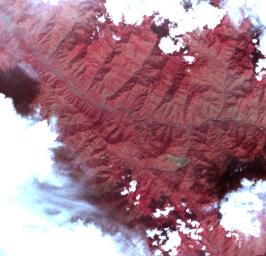This image acquired by NASA's Terra spacecraft on Oct. 11, 2005, depicts a 30-kilometer (19-mile) wide region southeast of the epicenter of the magnitude 7.6 Pakistan earthquake, between Muzaffarabad and Uri in the Pir Punjal range of Kashmir.