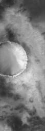 NASA's Mars Global Surveyor shows a portion of an old impact crater in the Sinus Sabaeus region of Mars, just south of the large impact basin, Schiaparelli.