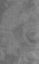 NASA's Mars Global Surveyor shows rugged terrain in northern Arabia Terra. The circular features are the remains of old meteor impact craters. The martian bedrock has craters of all sizes and states of erosion interbedded with its layered materials.