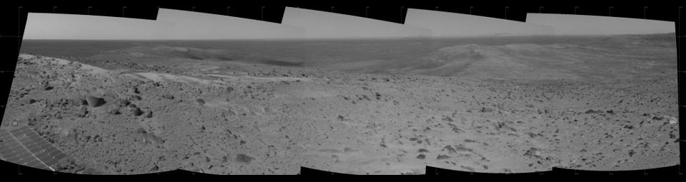 This view from NASA's Mars Exploration Rover Spirit taken on Oct 16, 2005 shows where the rover explored Gusev Crater on Mars.