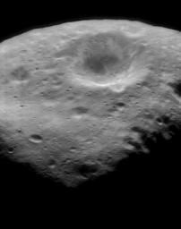 This image of asteroid Eros taken on Oct. 30, 2000, by NASA's NEAR Shoemaker shows brightness features on the crater's wall that are characteristic of most of the larger craters on Eros.