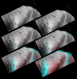 62 miles above Eros, NASA's NEAR Shoemaker took several frames which were combined to create this anaglyph of the saddle region, 3D glasses are necessary to view this image.