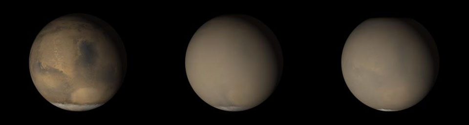 NASA's Mars Global Surveyor shows that although dust storms occur year-round on Mars, they often occur in greater numbers during certain seasons.