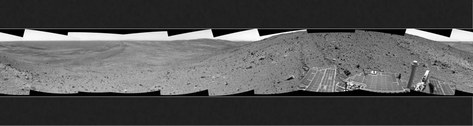 In this image mosaic from NASA's Mars Exploration Rover Spirit taken on Nov 2, 2005, descending due east toward a ridge nicknamed 'Haskin Ridge.' Interesting rocks and soils are present.