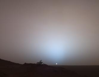 This synthetic image of NASA's Spirit Mars Exploration Rover on top of a rock called 'Jibsheet' was produced using 'Virtual Presence in Space' technology.
