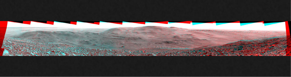 NASA's Mars Exploration Rover Spirit obtained this stereo panorama of the surrounding Martian terrain in Gusev Crater . 3D glasses are necessary to view this image.