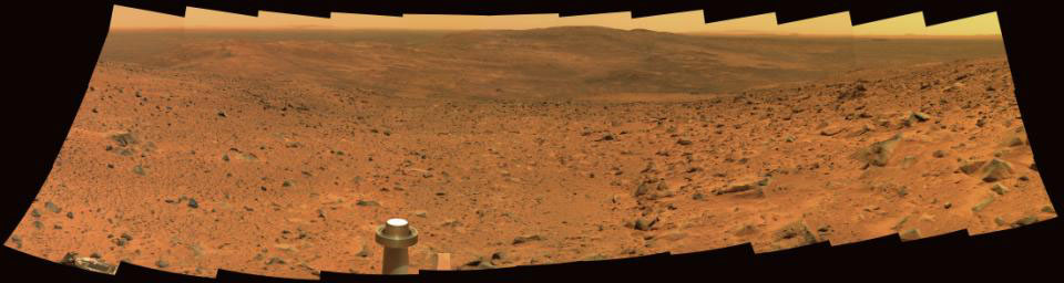 This true-color panorama in hues of red and brown from NASA's Mars Exploration Rover Spirit taken in Sept, 2005 shows a field of view covered in rocks as the rover explored Gusev Crater on Mars.