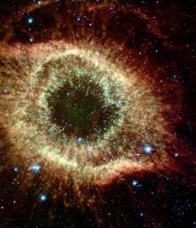 The Helix nebula exhibits complex structure on the smallest visible scales. It is composed of gaseous shells and disks puffed out by a dying sun-like star.