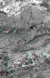 This anaglyph NASA's Shuttle Radar Topography Mission, shows the Haro and Kas Hills of the Kachchh region in western India. 3D glasses are necessary to view this image.