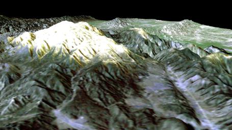 Prominently displayed in this image from NASA's Shuttle Radar Topography Mission, is Mt. Pinos, California, at 2,692 meters (8,831 feet) it is the highest peak in the Los Padres National Forest.