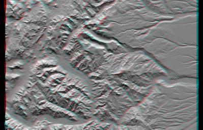 This anaglyph, from the instrument onboard NASA's Shuttle Radar Topography Mission, shows an area south of San Martin de Los Andes, Argentina. 3D glasses are necessary to view this image.