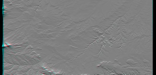 This anaglyph, from NASA's Shuttle Radar Topography Mission, shows the city of Bhuj, India. 3D glasses are necessary to view this image.