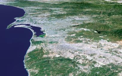 The influence of topography on the growth of the city of San Diego, California is seen clearly in this computer-generated perspective viewed by from NASA's Shuttle Radar Topography Mission.