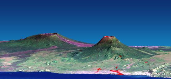 The Nyiragongo volcano in the Congo erupted on January 17, 2002, and subsequently sent streams of lava into the city of Goma on the north shore of Lake Kivu. This image is from NASA's Shuttle Radar Topography Mission.