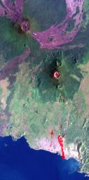 The Nyiragongo volcano in the Congo erupted on January 17, 2002, and subsequently sent streams of lava into the city of Goma on the north shore of Lake Kivu. This image is from NASA's Shuttle Radar Topography Mission.