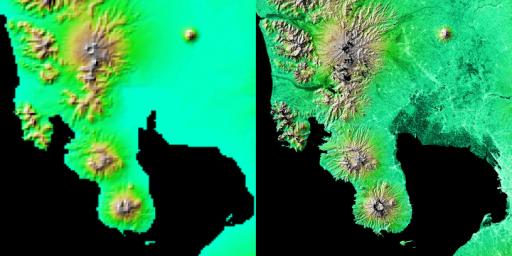 These two images show exactly the same area, Manila Bay and nearby volcanoes on Luzon Island in the Philippines as seen by NASA's Shuttle Radar Topography Mission.
