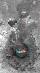 This anaglyph, from NASA's Shuttle Radar Topography Mission, is of Mount Meru, an active volcano located just 70 kilometers (44 miles) west of Mount Kilimanjaro. 3D glasses are necessary to view this image.