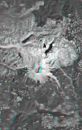 This anaglyph, from NASA's Shuttle Radar Topography Mission, is of Mount St Helens, Washington. 3D glasses are necessary to view this image.