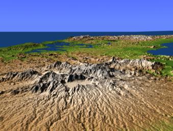 This perspective view from NASA's Shuttle Radar Topography Mission, acquired on February 2000, shows central Panama, with the remnants of the extinct volcano El Valle in the foreground and the Caribbean Sea in the distance.