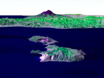 Italy's Mount Etna and the Aeolian Islands are the focus of this perspective view from NASA's Terra spacecraft. The image is looking south with the islands of Lipari and Vulcano in the foreground and Etna with its dark lava flows on the skyline.