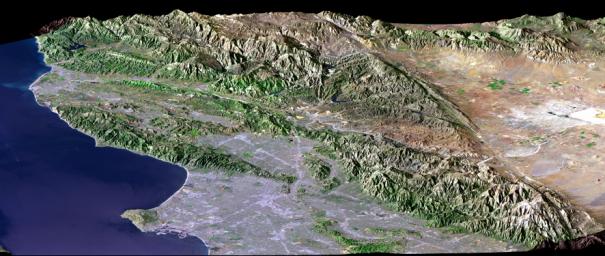 Los Angeles, CA., is one of the world's largest metropolitan areas with a population of about 15 million people. The urban areas mostly cover the coastal plains and lie within the inland valleys. This image is from NASA's Shuttle Radar Topography Mission.