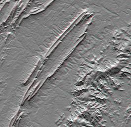 This anaglyph, from NASA's Shuttle Radar Topography Mission, is of Massanutten Mountain in the Shenandoah Valley of northern Virginia. 3D glasses are necessary to view this image.