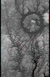 Manicouagan Crater is one of the world's largest and oldest known impact craters and perhaps the one most readily apparent to astronauts in orbit. This anaglyph is from the instrument onboard NASA's Shuttle Radar Topography Mission. 3D glasses needed.