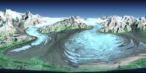 Malaspina Glacier in southeastern Alaska is considered the classic example of a piedmont glacier. Piedmont glaciers occur where valley glaciers exit a mountain range onto broad lowlands, are no longer laterally confined, and spread to become wide lobes.