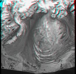 This anaglyph, from NASA's Shuttle Radar Topography Mission, is of Malaspina Glacier in southeastern Alaska. 3D glasses are necessary to view this image.