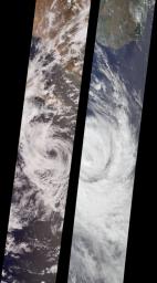 In June, 2000, NASA's Terra satellite compared tropical storms Bud and Dera.