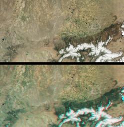This anaglyph from the MISR instrument aboard NASA's Terra spacecraft include portions of southern Wyoming, central Colorado, and western Nebraska. 3D glasses are necessary to view this image.